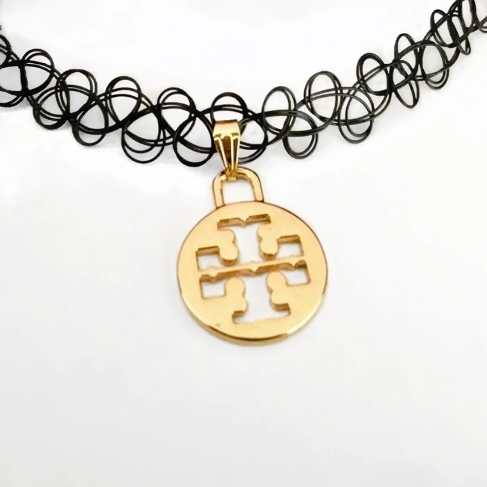 Upcycled Tory Burch Charm Y2K Tattoo Fish Wire Stretch Choker Necklace